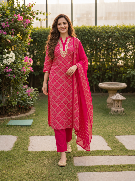 Rani Pink Bandhani Muslin Silk Kurta Set with Hand Embroidery, Pant & Dupatta