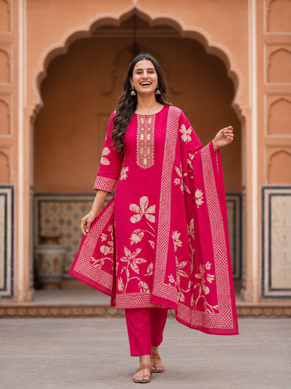 Rani Pink Floral Crepe Kurta Set with Gota Patti Work, Pant & Printed Dupatta