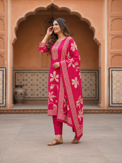 Rani Pink Floral Crepe Kurta Set with Gota Patti Work, Pant & Printed Dupatta