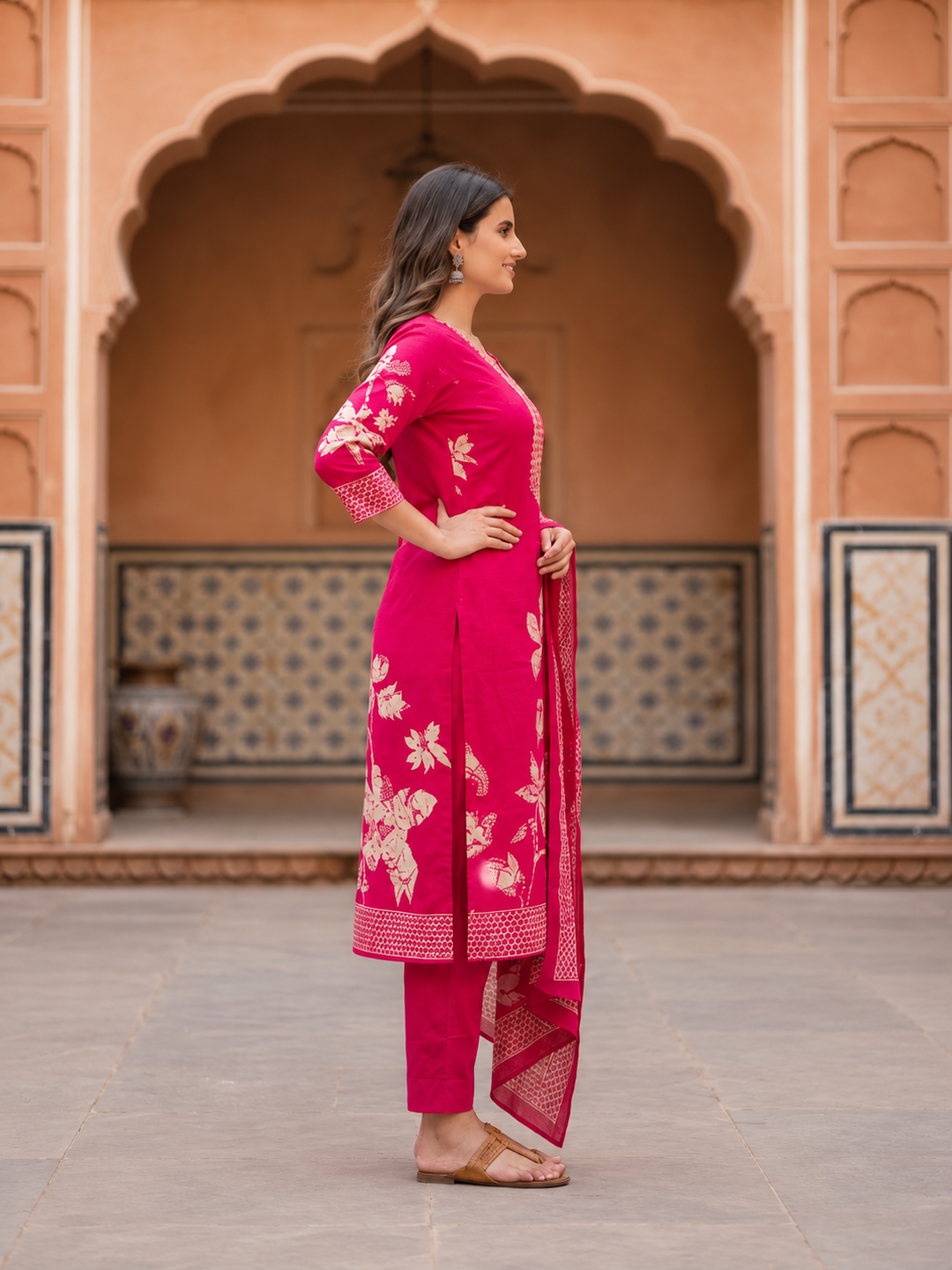 Rani Pink Floral Crepe Kurta Set with Gota Patti Work, Pant & Printed Dupatta
