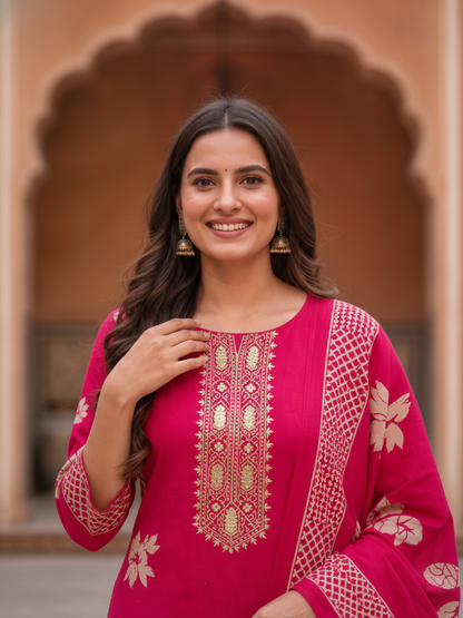 Rani Pink Floral Crepe Kurta Set with Gota Patti Work, Pant & Printed Dupatta