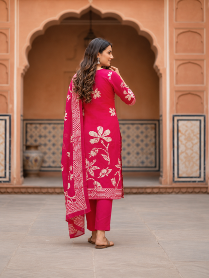 Rani Pink Floral Crepe Kurta Set with Gota Patti Work, Pant & Printed Dupatta