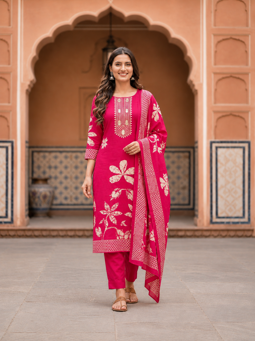 Rani Pink Floral Crepe Kurta Set with Gota Patti Work, Pant & Printed Dupatta