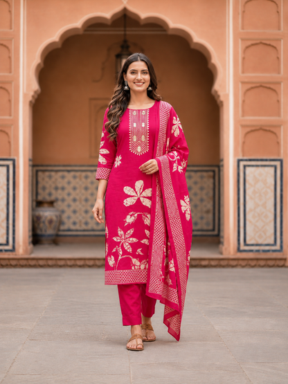Rani Pink Floral Crepe Kurta Set with Gota Patti Work, Pant & Printed Dupatta