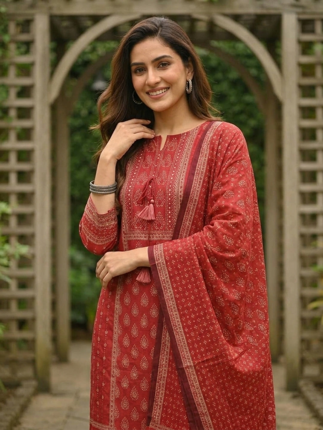 Brick Red Printed Cotton Kurta Set with Embroidery, Skirt & Dupatta