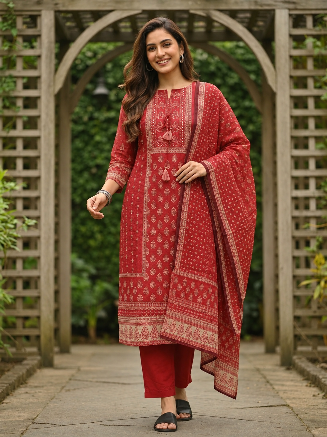 Brick Red Printed Cotton Kurta Set with Embroidery, Skirt & Dupatta