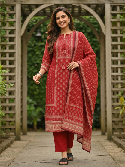 Brick Red Printed Cotton Kurta Set with Embroidery, Skirt & Dupatta