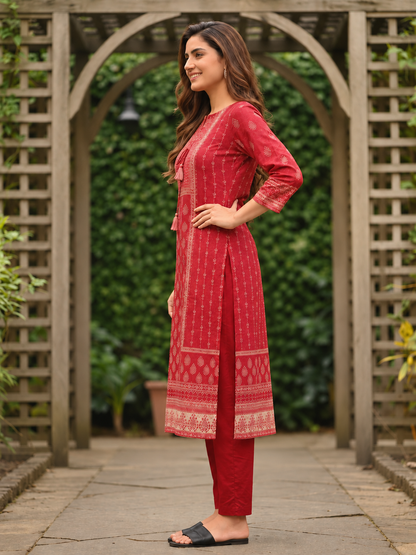 Brick Red Printed Cotton Kurta Set with Embroidery, Skirt & Dupatta