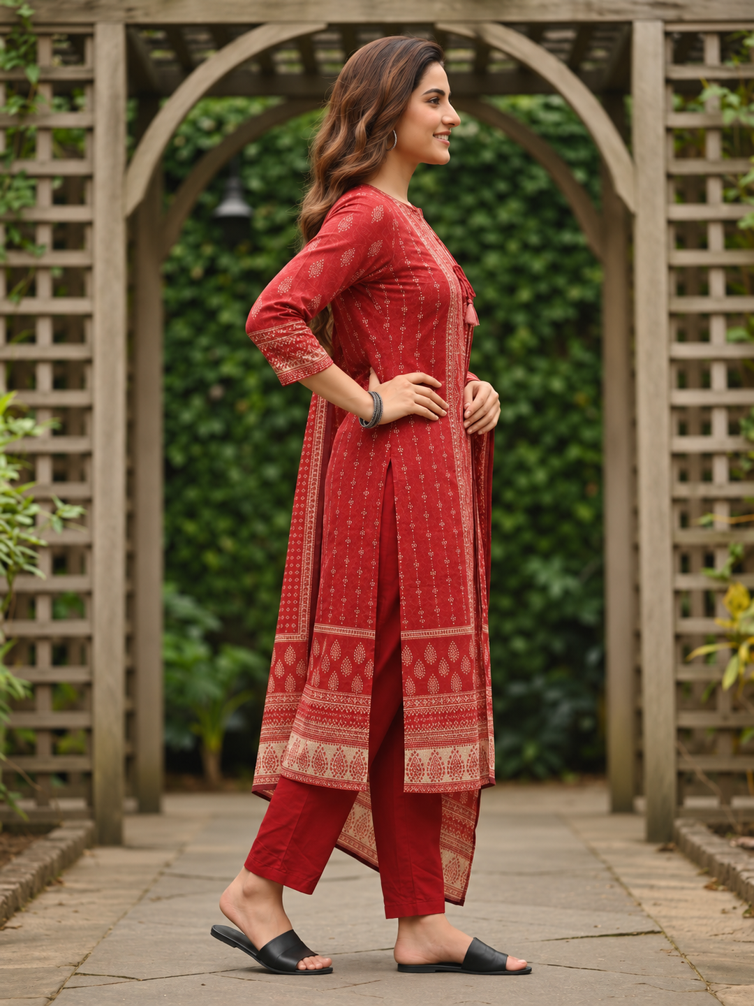 Brick Red Printed Cotton Kurta Set with Embroidery, Skirt & Dupatta