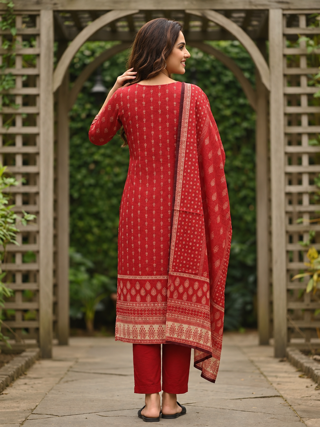 Brick Red Printed Cotton Kurta Set with Embroidery, Skirt & Dupatta