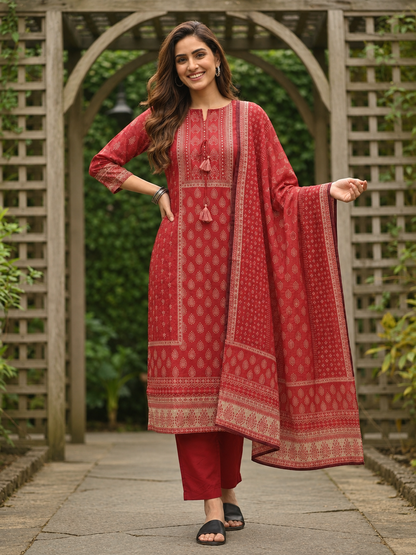 Brick Red Printed Cotton Kurta Set with Embroidery, Skirt & Dupatta