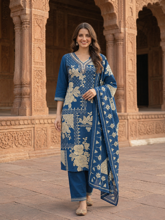 Royal Blue Floral Cotton Kurta Set with Mirror Work, Palazzo & Printed Dupatta
