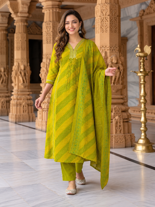 Lime Green Bandhani Muslin Silk Kurta Set with Mirror Work, Pant & Dupatta