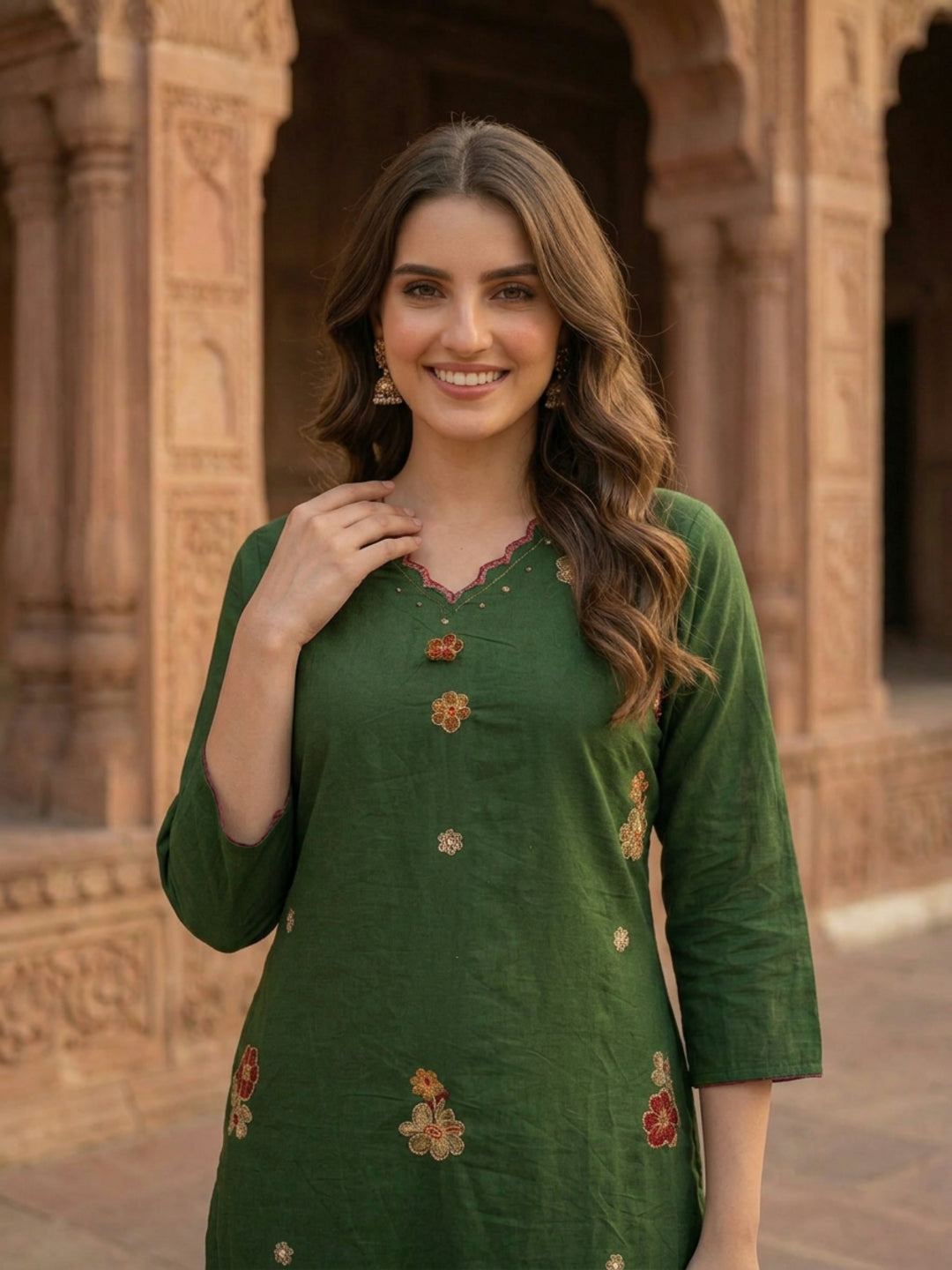 Green Cotton Kurta Set with Floral Embroidery, Pant & Dupatta