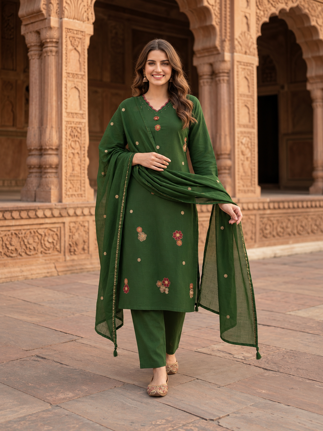 Green Cotton Kurta Set with Floral Embroidery, Pant & Dupatta