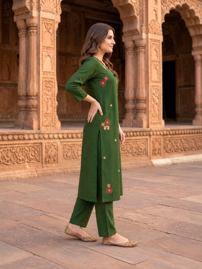 Green Cotton Kurta Set with Floral Embroidery, Pant & Dupatta