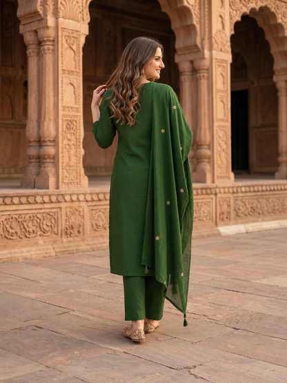 Green Cotton Kurta Set with Floral Embroidery, Pant & Dupatta