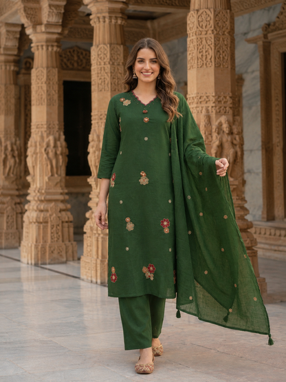 Green Cotton Kurta Set with Floral Embroidery, Pant & Dupatta