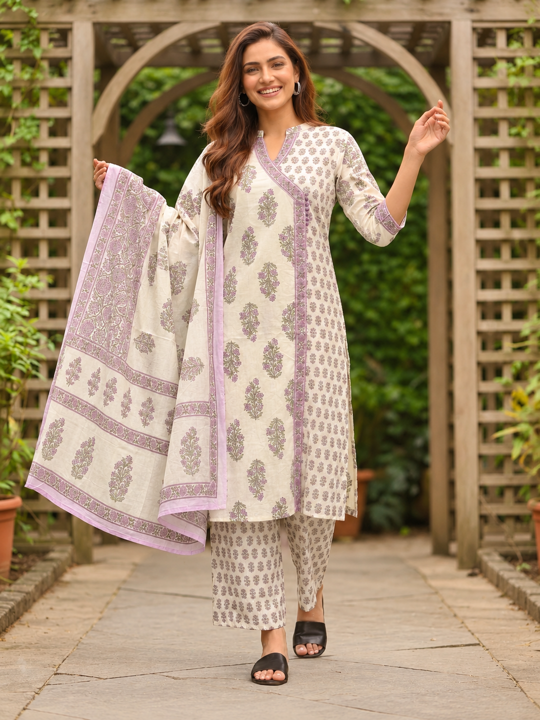 Lilac Floral Cotton Kurta Set with Sequin & Mirror Work, Palazzo & Printed Dupatta