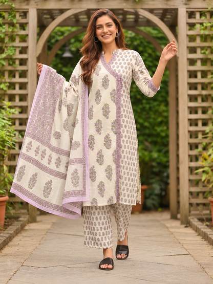 Lilac Floral Cotton Kurta Set with Sequin & Mirror Work, Palazzo & Printed Dupatta
