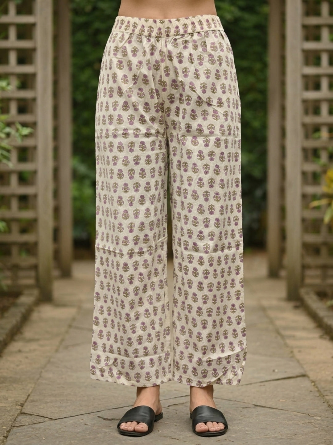 Lilac Floral Cotton Kurta Set with Sequin & Mirror Work, Palazzo & Printed Dupatta