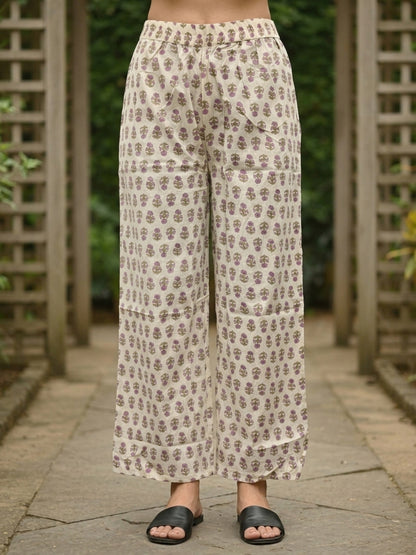 Lilac Floral Cotton Kurta Set with Sequin & Mirror Work, Palazzo & Printed Dupatta