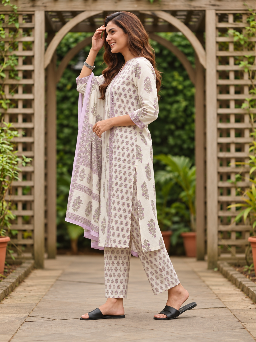 Lilac Floral Cotton Kurta Set with Sequin & Mirror Work, Palazzo & Printed Dupatta