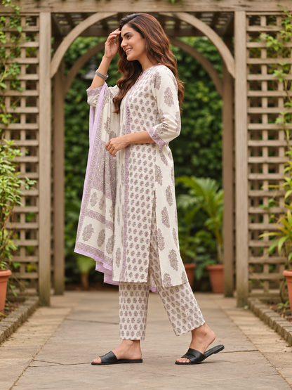 Lilac Floral Cotton Kurta Set with Sequin & Mirror Work, Palazzo & Printed Dupatta