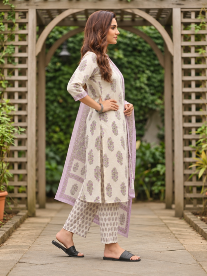 Lilac Floral Cotton Kurta Set with Sequin & Mirror Work, Palazzo & Printed Dupatta