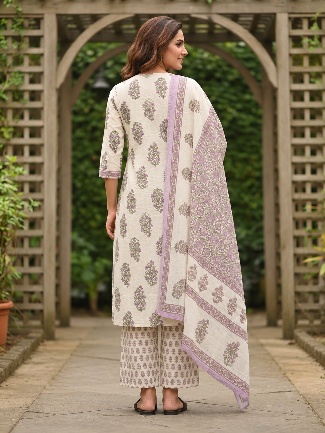 Lilac Floral Cotton Kurta Set with Sequin & Mirror Work, Palazzo & Printed Dupatta
