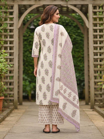 Lilac Floral Cotton Kurta Set with Sequin & Mirror Work, Palazzo & Printed Dupatta