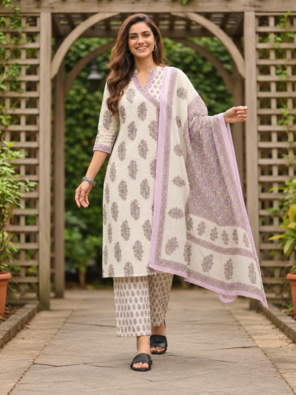 Lilac Floral Cotton Kurta Set with Sequin & Mirror Work, Palazzo & Printed Dupatta