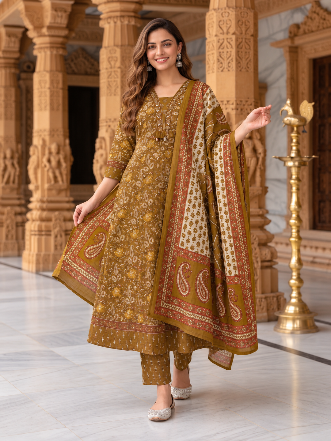 Mehendi Green Floral Cotton Anarkali Set with Mirror, Thread & Zari Embroidery, Pant & Dupatta