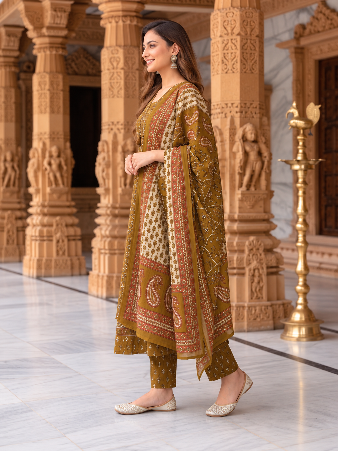 Mehendi Green Floral Cotton Anarkali Set with Mirror, Thread & Zari Embroidery, Pant & Dupatta