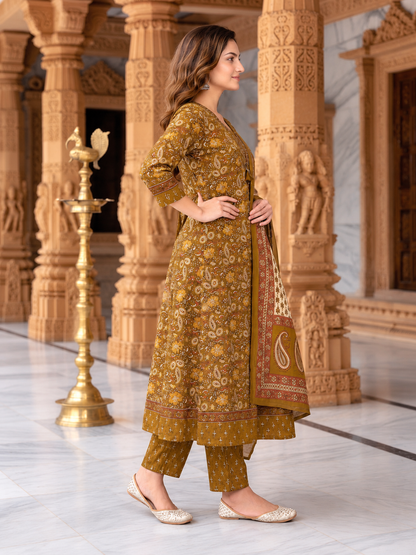 Mehendi Green Floral Cotton Anarkali Set with Mirror, Thread & Zari Embroidery, Pant & Dupatta