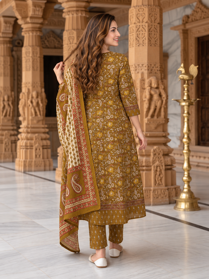 Mehendi Green Floral Cotton Anarkali Set with Mirror, Thread & Zari Embroidery, Pant & Dupatta