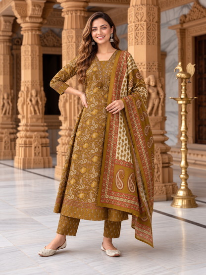 Mehendi Green Floral Cotton Anarkali Set with Mirror, Thread & Zari Embroidery, Pant & Dupatta