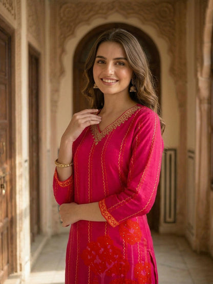 Fuchsia Floral Printed Kurta Set with Shantoon Pant & Printed Dupatta