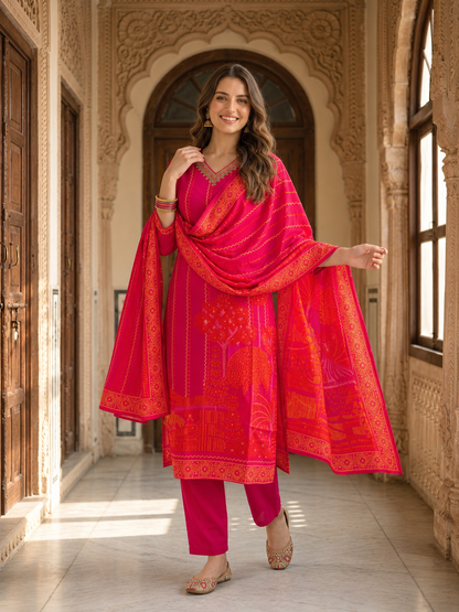 Fuchsia Floral Printed Kurta Set with Shantoon Pant & Printed Dupatta