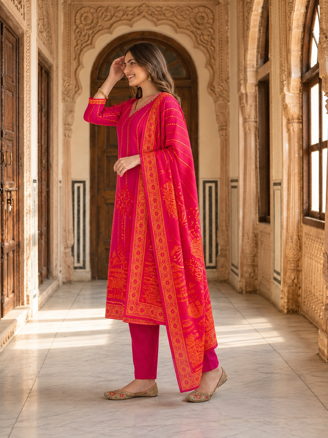 Fuchsia Floral Printed Kurta Set with Shantoon Pant & Printed Dupatta