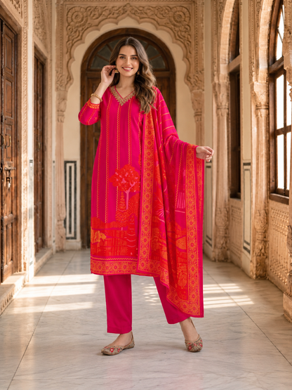 Fuchsia Floral Printed Kurta Set with Shantoon Pant & Printed Dupatta
