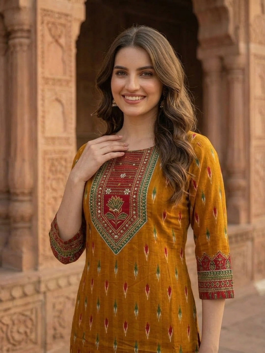 Side view of mustard yellow printed silk kurta with trousers and dupatta