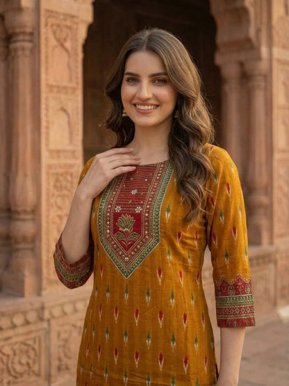 Side view of mustard yellow printed silk kurta with trousers and dupatta