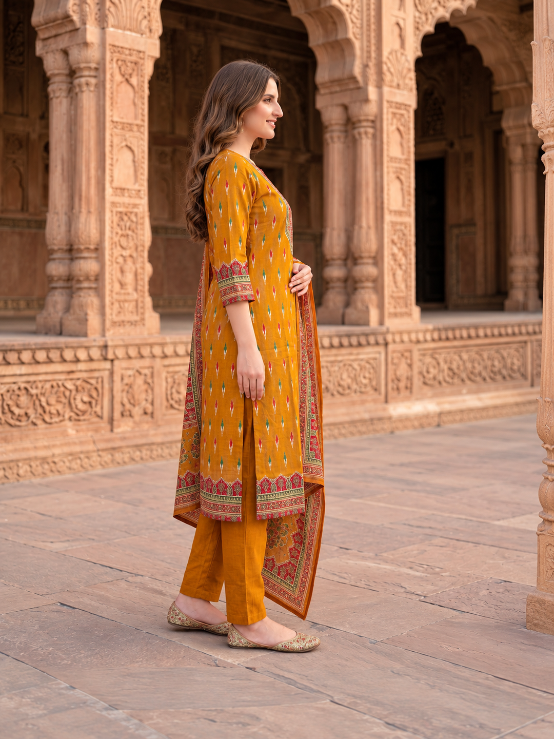 Model wearing mustard yellow ethnic printed kurta set