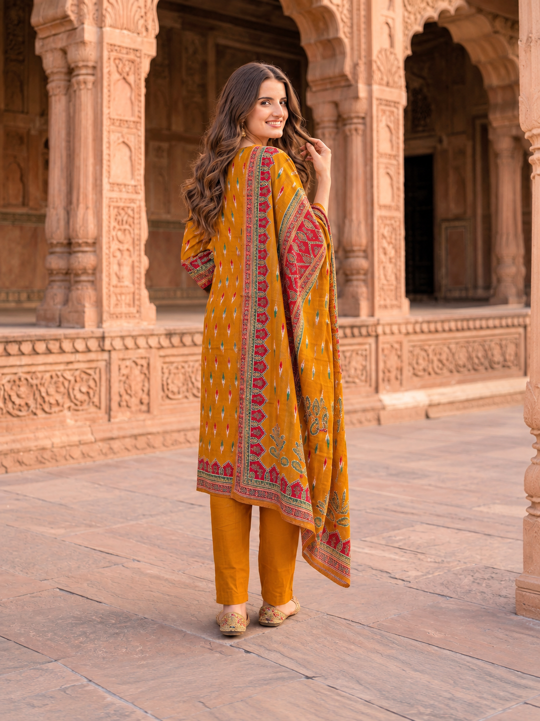 Mustard yellow straight kurta set with printed dupatta