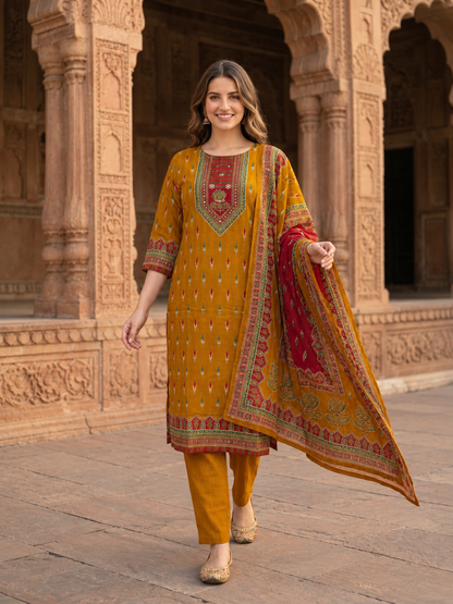 Side look at mustard yellow printed kurta with matching trousers