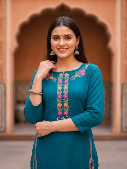 Teal Cotton Kurta Set with Floral Thread Embroidery, Pant & Dupatta