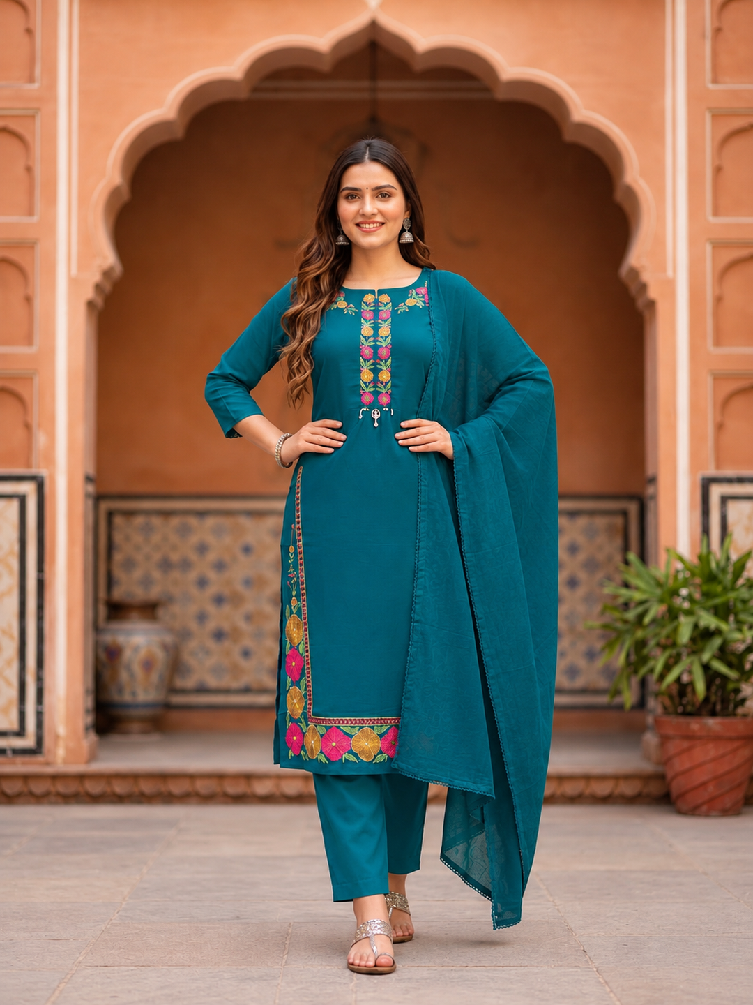 Teal Cotton Kurta Set with Floral Thread Embroidery, Pant & Dupatta