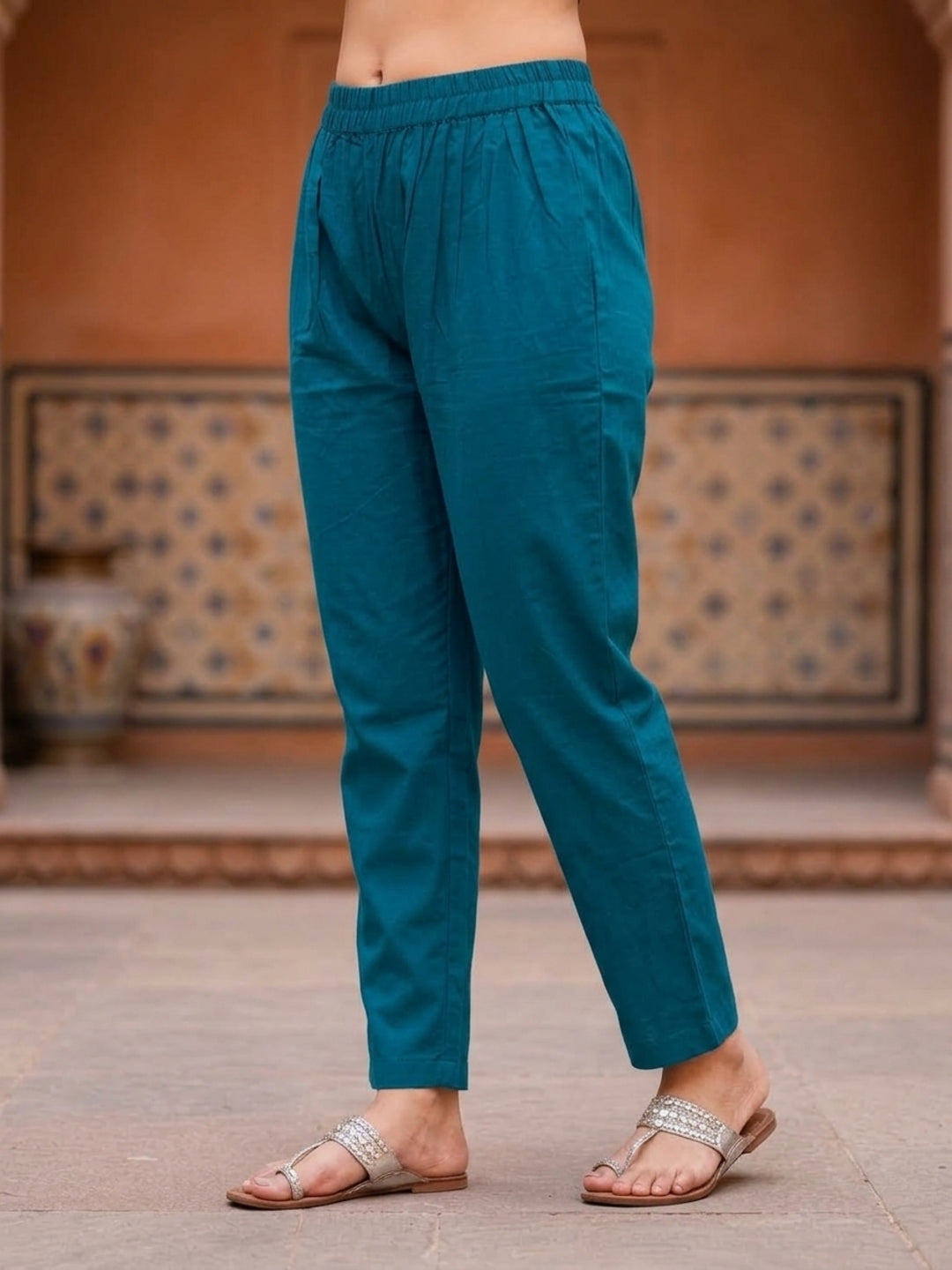 Teal Cotton Kurta Set with Floral Thread Embroidery, Pant & Dupatta