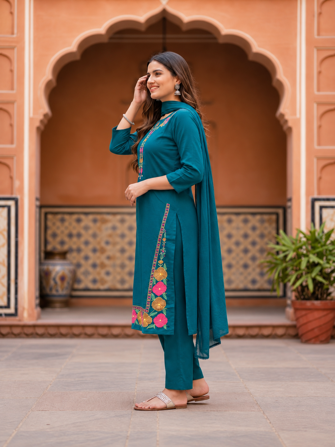 Teal Cotton Kurta Set with Floral Thread Embroidery, Pant & Dupatta